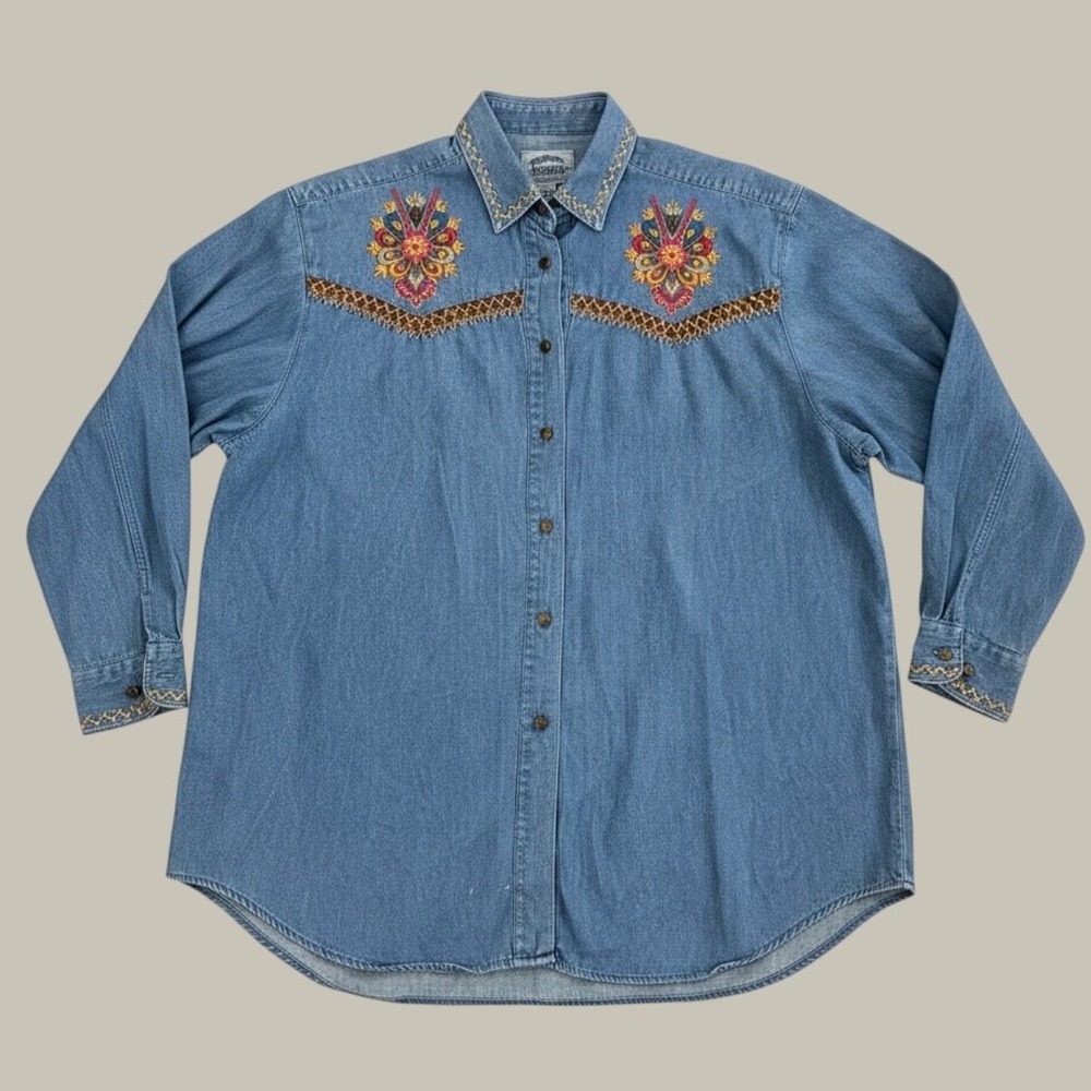 Cambridge Dry Goods Co Chambray Denim Shirt Women 12 Blue Embroidered Western